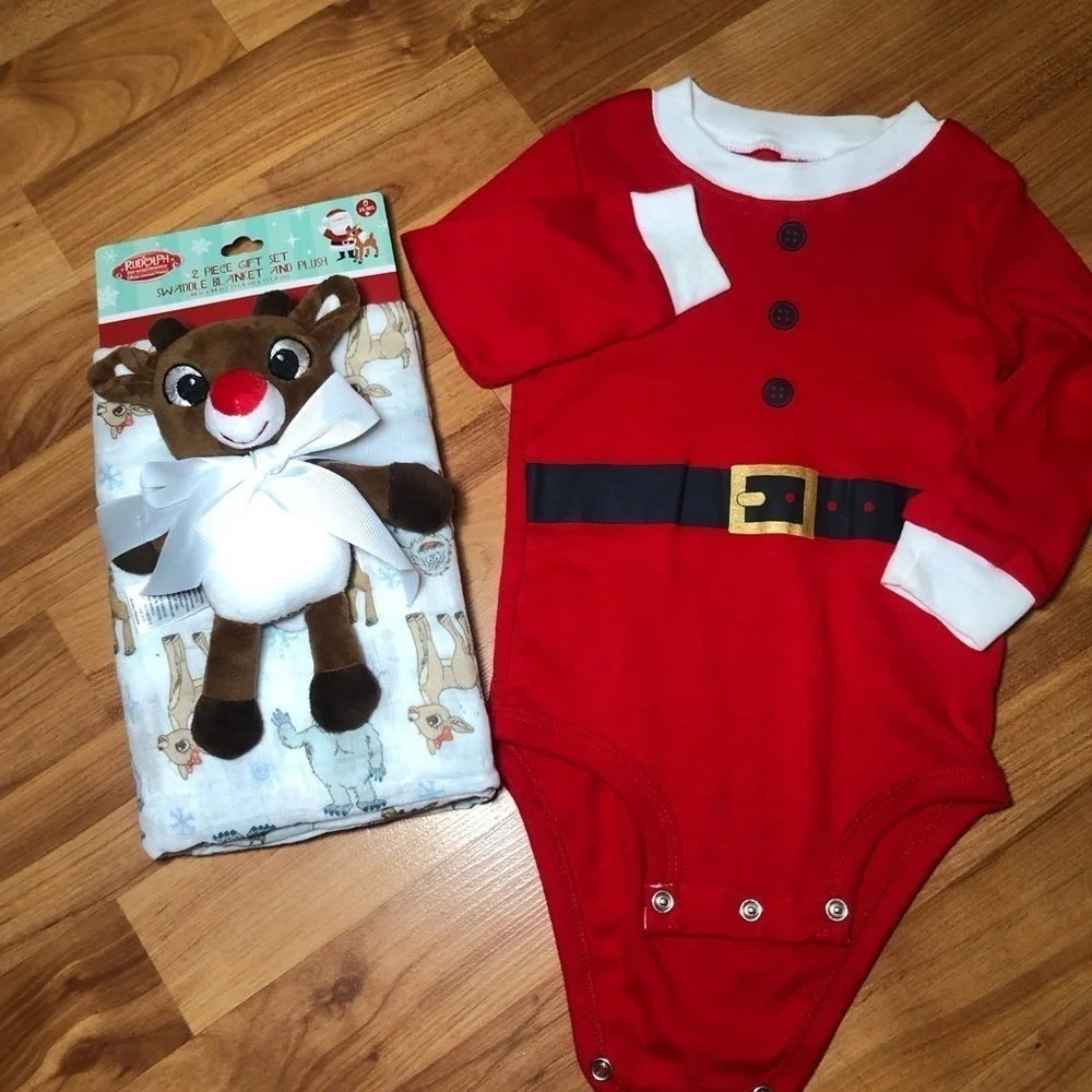 CARTERS Santa Bodysuit 12 mth & 2pc gift set swaddle blanket and plush